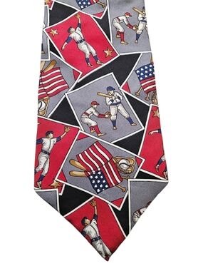Patriotic 100% Italian Silk Baseball Print Men's Tie in Red & Gray Made In USA